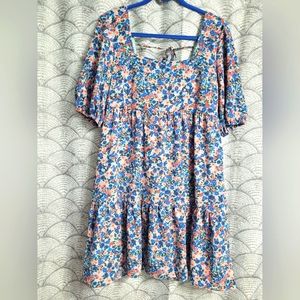 BCBG Paris Blue and Pink Floral Peasant Mini Dress Size Medium